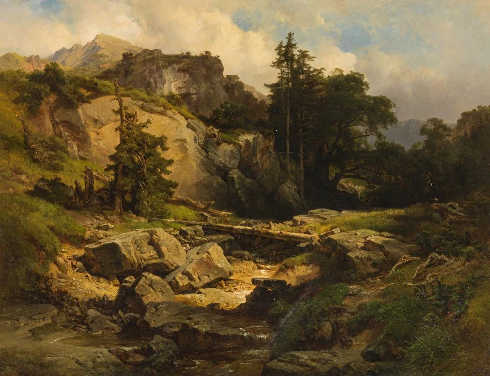 Paesaggio montano con torrente 1850